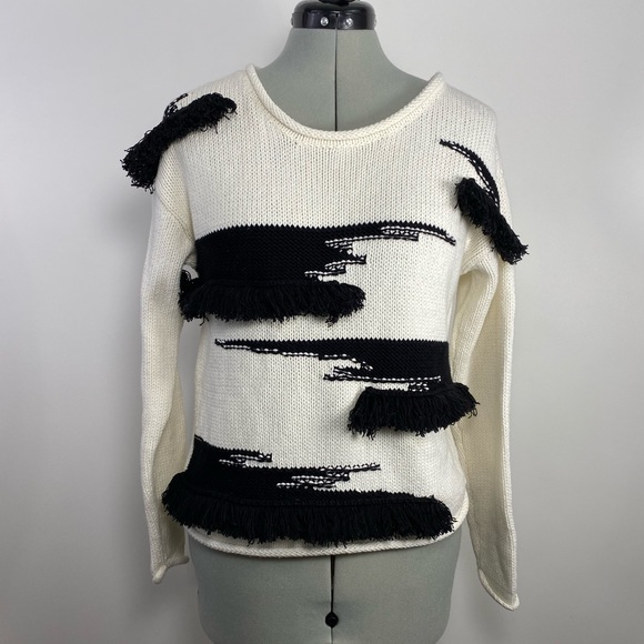 Anthropologie Tracy Reese Plenty Fringe Pullover Sweater Black White Ivory Small - Picture 9 of 9